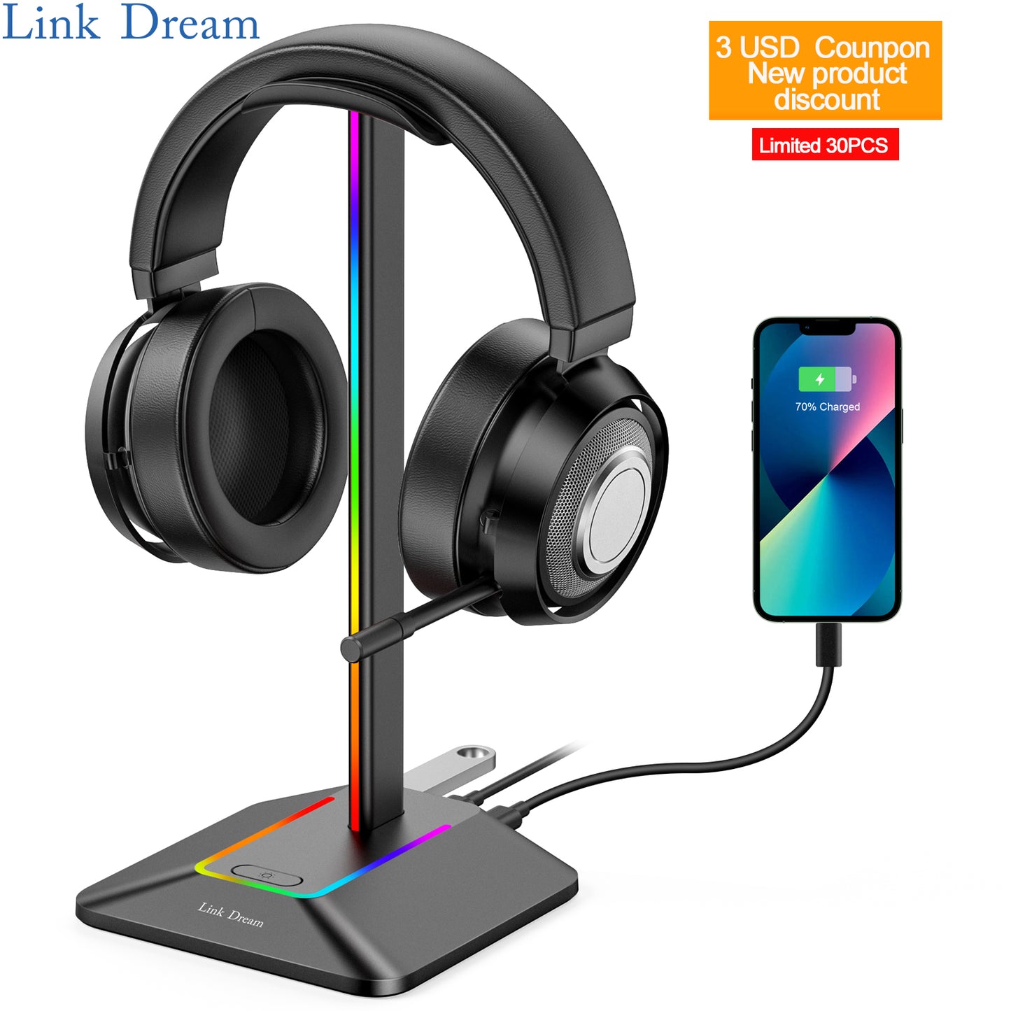 RGB Lights Headphone Stand with Type c USB