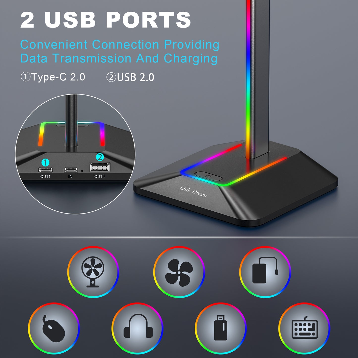 RGB Lights Headphone Stand with Type c USB