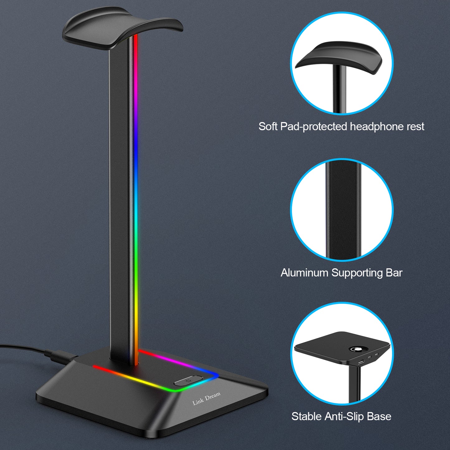 RGB Lights Headphone Stand with Type c USB