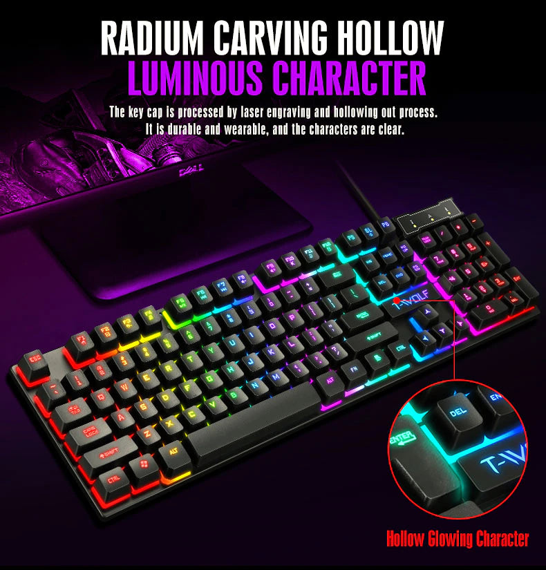 Wired Gamer Keyboard With RGB Backlit Rubber Keycaps USB & Mouse Combo