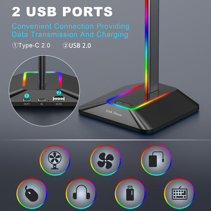 RGB Lights Headphone Stand with Type c USB
